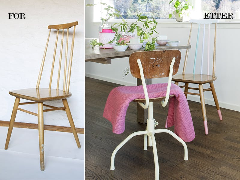 Mal en brukt sprinkelstol med ulike pastellfarger og la den få rosa sokker på beina Mal en brukt sprinkelstol med ulike pastellfarger og la den få rosa sokker på beina